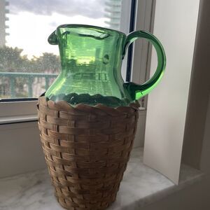 VTG Hand Blown Italy Green Glass Water Pitcher Jug Woven Wicker Basket Bottom